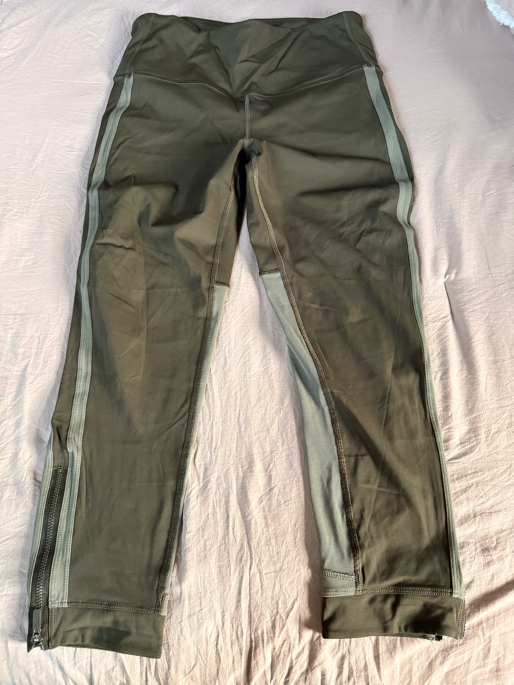 lululemon olive green leggings with light green side panels